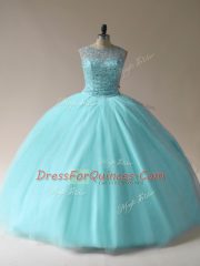 Scoop Sleeveless Sweet 16 Dresses Floor Length Beading Aqua Blue Tulle