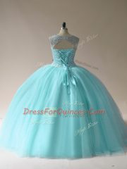 Scoop Sleeveless Sweet 16 Dresses Floor Length Beading Aqua Blue Tulle