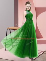 Edgy Green Sleeveless Tulle Lace Up Dama Dress for Wedding Party