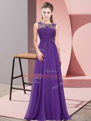 Stylish Purple Empire Chiffon Scoop Sleeveless Beading and Appliques Floor Length Zipper Damas Dress