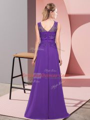Stylish Purple Empire Chiffon Scoop Sleeveless Beading and Appliques Floor Length Zipper Damas Dress