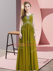 Cap Sleeves Floor Length Beading and Ruching Lace Up with Olive Green
