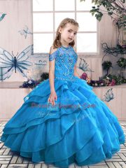 Aqua Blue Sleeveless Beading and Ruffles Floor Length Little Girls Pageant Gowns