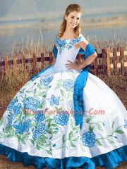 Glamorous Blue And White Off The Shoulder Lace Up Embroidery 15 Quinceanera Dress Sleeveless