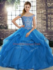 Superior Beading and Ruffles Quinceanera Dress Blue Lace Up Sleeveless Brush Train