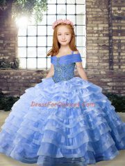 Blue Ball Gowns Beading and Ruffled Layers Pageant Dresses Lace Up Organza Sleeveless