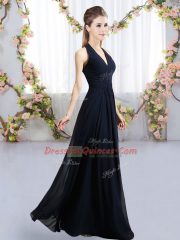 Floor Length Empire Sleeveless Navy Blue Quinceanera Dama Dress Lace Up