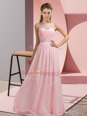 Super Baby Pink Backless Scoop Beading Dress for Prom Chiffon Sleeveless