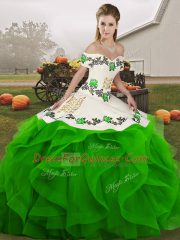 Green 15 Quinceanera Dress Military Ball and Sweet 16 and Quinceanera with Embroidery and Ruffles Off The Shoulder Sleeveless Lace Up