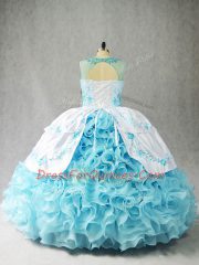Extravagant Ball Gowns Ball Gown Prom Dress Baby Blue Scoop Fabric With Rolling Flowers Sleeveless Floor Length Lace Up