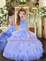 Flare Sleeveless Floor Length Appliques Backless Quinceanera Gowns with Lavender