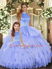 Flare Sleeveless Floor Length Appliques Backless Quinceanera Gowns with Lavender