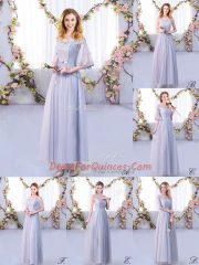Comfortable Half Sleeves Floor Length Lace and Belt Side Zipper Court Dresses for Sweet 16 with Grey