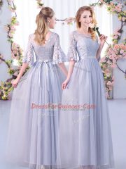 Comfortable Half Sleeves Floor Length Lace and Belt Side Zipper Court Dresses for Sweet 16 with Grey