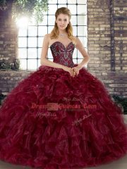 Sexy Burgundy Sweetheart Neckline Beading and Ruffles Quince Ball Gowns Sleeveless Lace Up