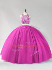 Sleeveless Tulle Floor Length Backless 15th Birthday Dress in Fuchsia with Beading