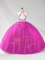 Sleeveless Tulle Floor Length Backless 15th Birthday Dress in Fuchsia with Beading