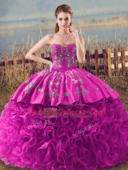 Fuchsia Sleeveless Fabric With Rolling Flowers Brush Train Lace Up Ball Gown Prom Dress for Sweet 16 and Quinceanera