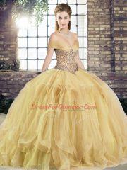 Sleeveless Tulle Floor Length Lace Up Sweet 16 Quinceanera Dress in Gold with Beading and Ruffles