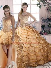 Gold 15 Quinceanera Dress Sweet 16 and Quinceanera with Ruffled Layers Halter Top Sleeveless Brush Train Lace Up