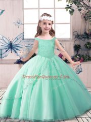 Enchanting Sleeveless Tulle Floor Length Lace Up Child Pageant Dress in Green with Beading