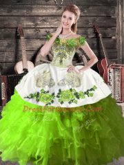 Green Sweet 16 Dresses Sweet 16 and Quinceanera with Embroidery and Ruffles Off The Shoulder Sleeveless Lace Up