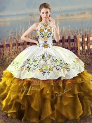 Exceptional Brown Sleeveless Floor Length Embroidery and Ruffles Lace Up Quinceanera Dresses