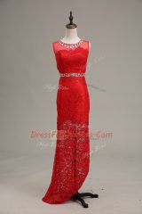 Floor Length Red Homecoming Dress Scoop Sleeveless Zipper