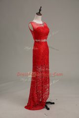 Floor Length Red Homecoming Dress Scoop Sleeveless Zipper