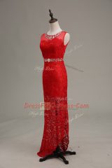 Floor Length Red Homecoming Dress Scoop Sleeveless Zipper