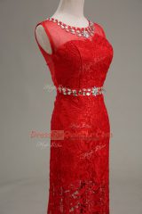Floor Length Red Homecoming Dress Scoop Sleeveless Zipper