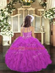Fuchsia Ball Gowns Tulle Halter Top Sleeveless Beading and Ruffles Floor Length Lace Up Pageant Gowns For Girls