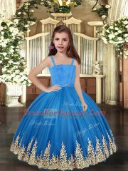 Best Baby Blue Tulle Lace Up Straps Sleeveless Floor Length Pageant Dress for Womens Embroidery