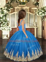 Best Baby Blue Tulle Lace Up Straps Sleeveless Floor Length Pageant Dress for Womens Embroidery