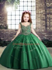 Trendy Straps Sleeveless Pageant Gowns For Girls Floor Length Beading Dark Green Tulle