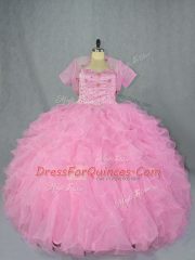 Sleeveless Organza Floor Length Lace Up Sweet 16 Dress in Baby Pink with Beading and Ruffles