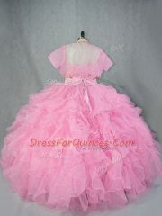 Sleeveless Organza Floor Length Lace Up Sweet 16 Dress in Baby Pink with Beading and Ruffles