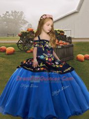 Embroidery Pageant Dresses Blue Lace Up Sleeveless Floor Length