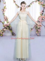 Tulle Sleeveless Floor Length Damas Dress and Lace and Bowknot