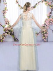 Tulle Sleeveless Floor Length Damas Dress and Lace and Bowknot