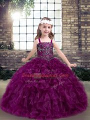 Floor Length Fuchsia Pageant Dress for Teens Straps Sleeveless Lace Up