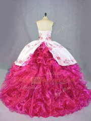 Sleeveless Beading and Embroidery and Ruffles Lace Up Quince Ball Gowns with Hot Pink Brush Train