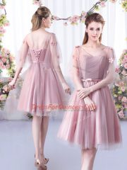 Unique Pink Sleeveless Tulle Lace Up Vestidos de Damas for Wedding Party