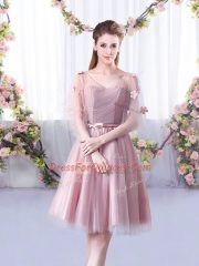 Unique Pink Sleeveless Tulle Lace Up Vestidos de Damas for Wedding Party