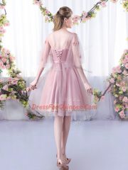 Unique Pink Sleeveless Tulle Lace Up Vestidos de Damas for Wedding Party
