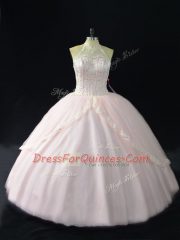 Captivating Sleeveless Floor Length Beading and Appliques Lace Up Quince Ball Gowns with Pink