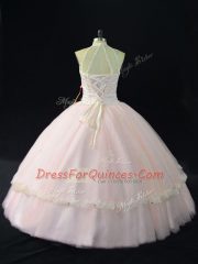 Captivating Sleeveless Floor Length Beading and Appliques Lace Up Quince Ball Gowns with Pink