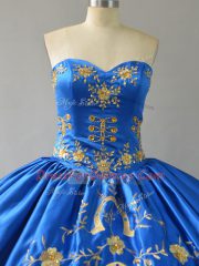 Custom Design Sweetheart Sleeveless Satin Ball Gown Prom Dress Embroidery and Ruffles Lace Up