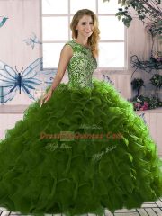 Olive Green Sweet 16 Dress Military Ball and Sweet 16 and Quinceanera with Beading and Ruffles Scoop Sleeveless Lace Up