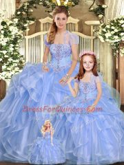 Fashionable Floor Length Lavender Quinceanera Gowns Strapless Sleeveless Lace Up